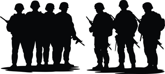 Fototapeta premium A group of seven soldiers standing in formation, depicted as black silhouettes with helmets and rifles, isolated on a white background, for military themes