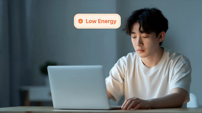 Tired young asian male developer slumped at a plain desk with a laptop, hands away from the keyboard beneath a low energy alert