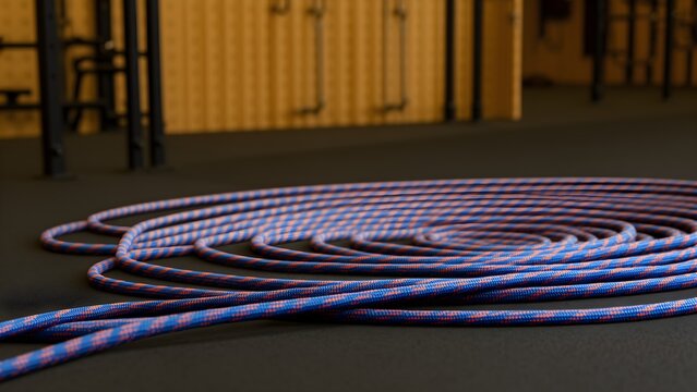 Climbing rope flaked in loops on a gym floor, rope preparation