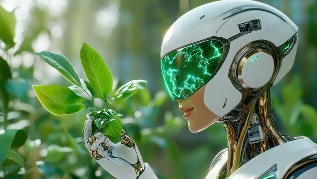 A futuristic female robot gently holds a sprout, showcasing advanced technology's role in environmental conservation