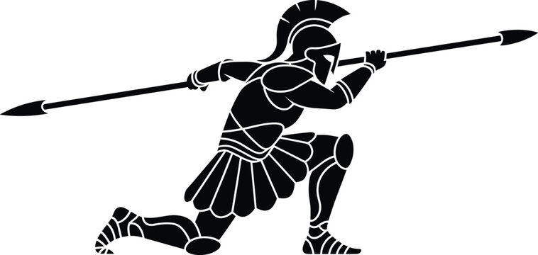 Black silhouette of an ancient spartan warrior kneeling while holding a long spear, isolated on a white background, historical soldier combat pose