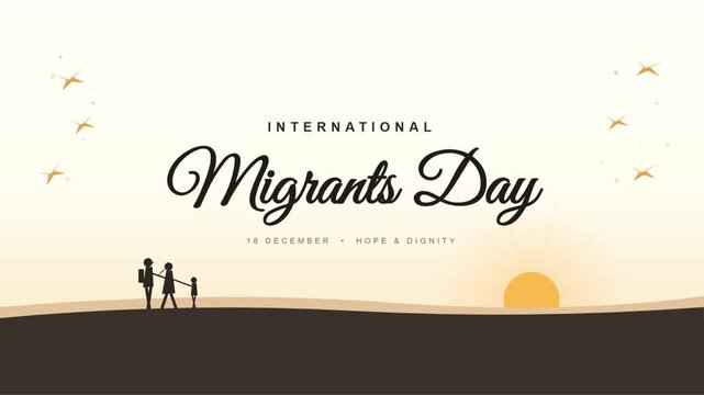 International Migrants Day design featuring silhouette of a family walking towards sunset horizon.