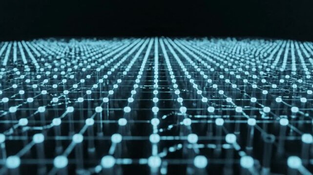 Glowing digital network grid activation: futuristic tech background, animation with rising, light nodes and, data flow