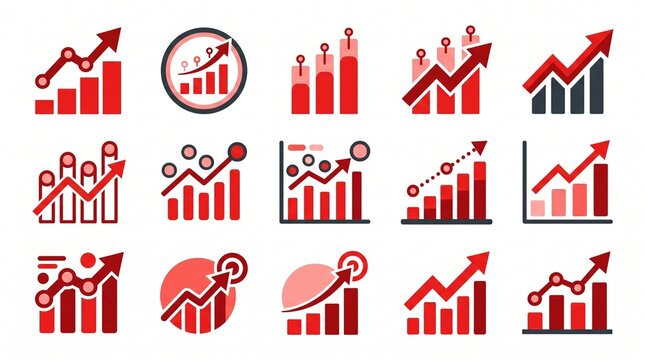 Set of red business growth bar chart and graph icons vector