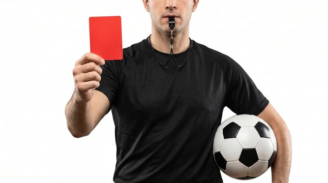 Soccer referee wearing black uniform holding red penalty card and football ball while blowing metallic whistle on white background