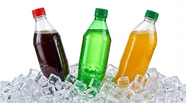 Colorful plastic bottles filled with sweet carbonated soft drinks sitting among melting ice cubes on white background