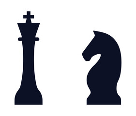 Silhouette of a chess king piece standing tall next to the iconic shape of a chess knight piece on a white background © Sujon Sharma