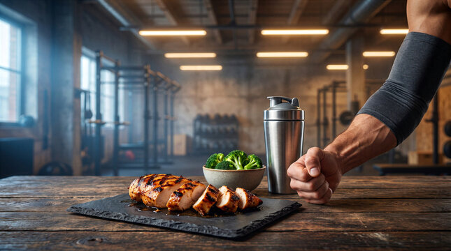 Grilled chicken breast with broccoli and a protein shaker on a wooden table in a gym setting