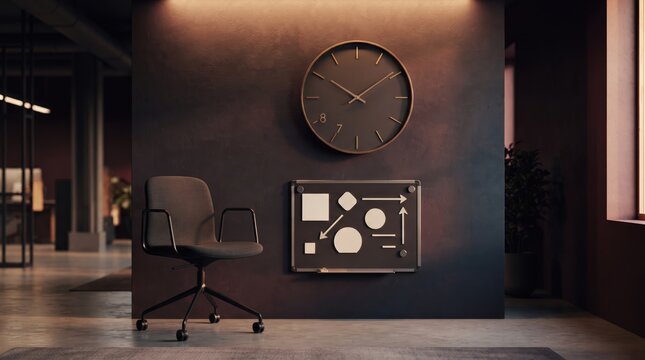 3d 2027 Business Planning abstract background design new 2026 Modern office chair with clock and whiteboard graphic on dark wall illustration