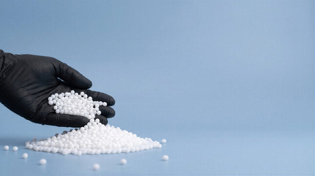 Gloved hand holding white plastic polymer pellets on blue background