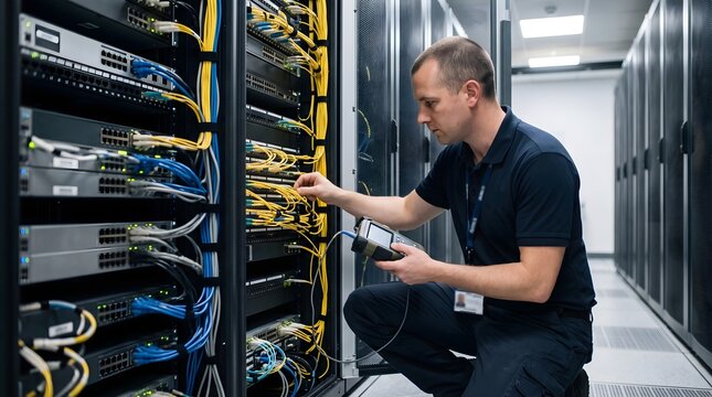 Data center engineer works on Ethernet cables and server connections inside a high density computing infrastructure facility