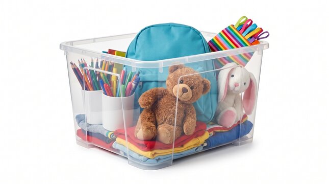 Transparent plastic storage box packed full of colorful school supplies and plush toys isolated on white background