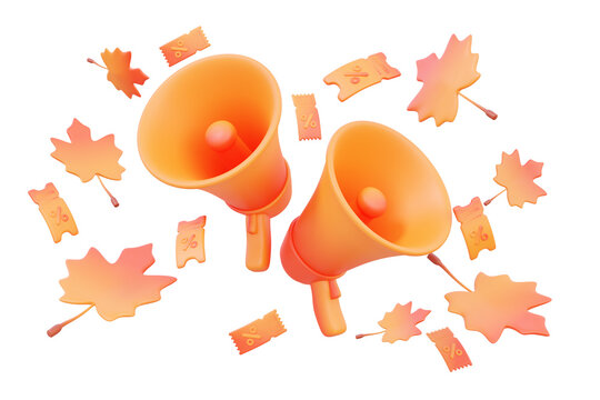 Megaphone with leaf coupon percentage discount loudspeaker floating isolated on transparent png background. advertising promotion event autumn concept. 3d rendering illustration