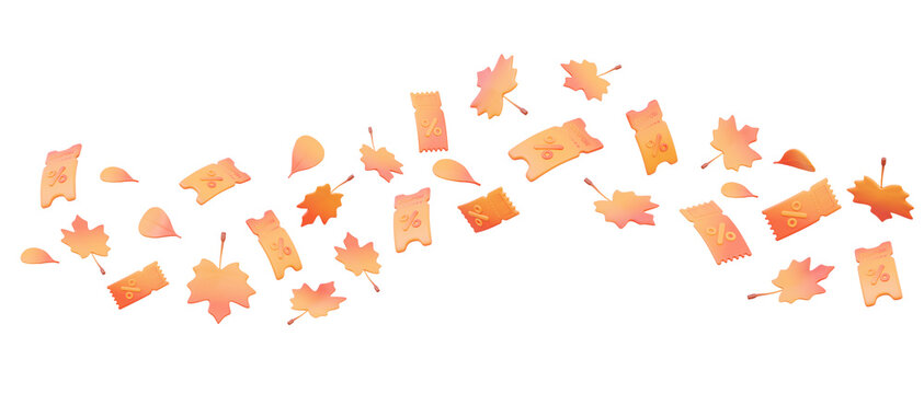 Coupon with maple leaf floating fly isolated on transparent png background. Creative advertising promotion event marketing autumn concept. Shopping special poster banner. 3d render elements