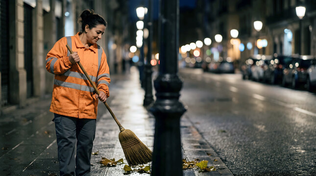 A woman in an orange work jacket sweeps a clean city sidewalk after rain, with warm streetlights glowing as soft bokeh along the empty street behind her.