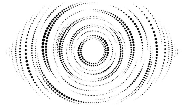 Halftone circle pattern with black dots, radial spiral halftone background, abstract circular dot texture for modern graphic design