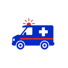 Blue ambulance emergency vehicle vector icon with red siren light and medical cross symbol isolated on white background © rejaul