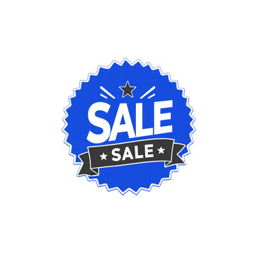 Bright blue circular promotional badge featuring a bold white text design with a decorative black ribbon for seasonal retail discount events