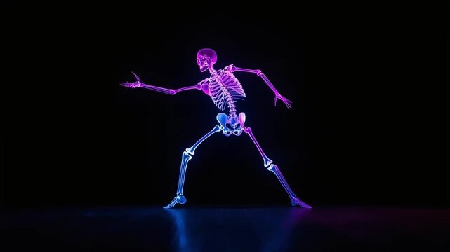 Glowing neon skeleton dancing gracefully in dark studio space creating vibrant digital motion video footage clip