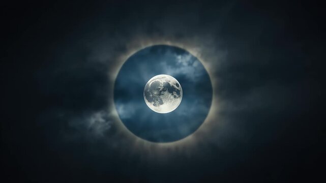Bright full moon centered inside glowing circular eclipse ring footage showing dark mysterious motion background