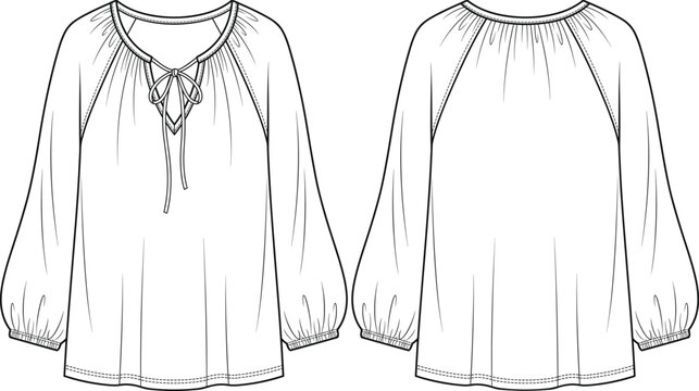 Women's peasant blouse fashion flat sketch vector template with raglan sleeves and tie neckline