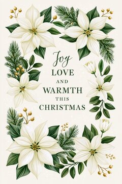 White poinsettias and evergreen foliage Christmas botanical design with gold berries and festive mes
