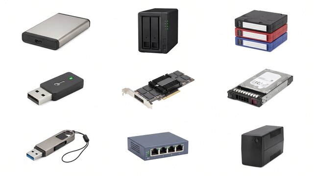 Collection of Computer Storage Devices and Networking Hardware Isolated on White Background for Tech Concepts