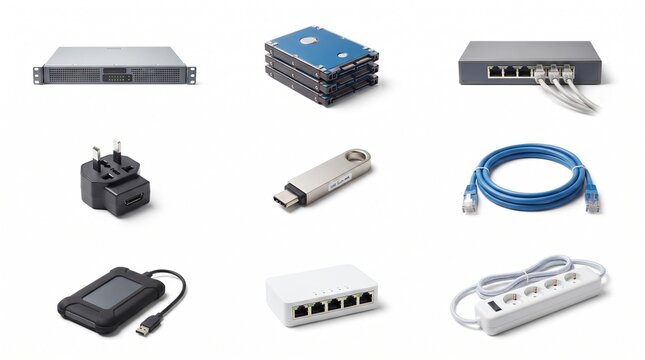 Collection of Computer Hardware and Networking Devices Isolated on White Background for Technology and Business Concepts