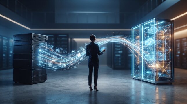 Businesswoman managing data flow in futuristic server room with glowing network connections and cloud icons