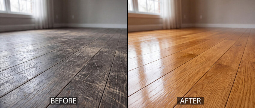 Hardwood Floor Restoration Before and After Comparison Showing Scratched Wood and Polished Refinished Surface