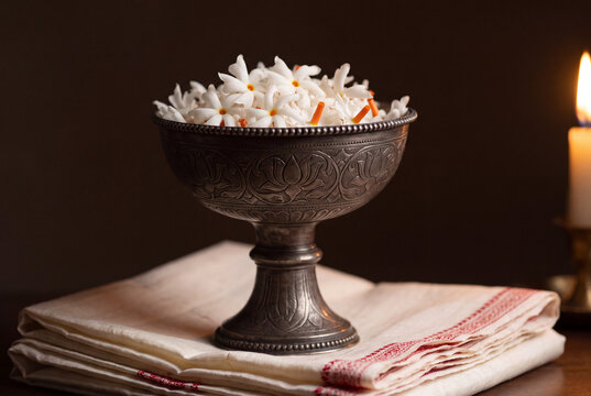 Engraved Bell Metal Offering Bowl Filled With Night Jasmine Flowers