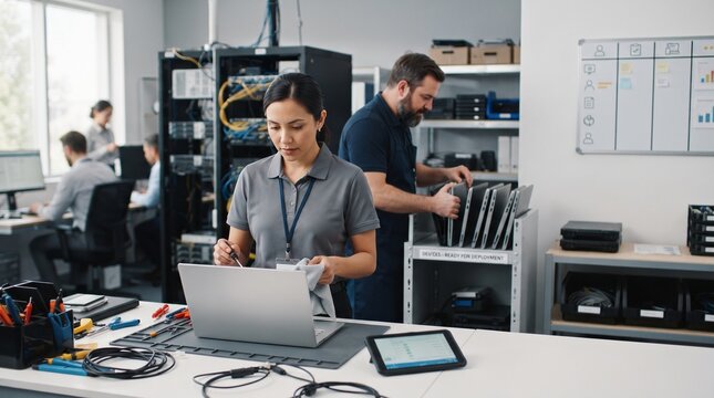 IT technicians preparing laptops for deployment in a modern office server room, showcasing teamwork and technology