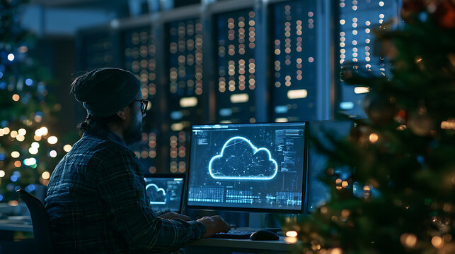 A focused male software developer wearing a beanie and glasses working late at his desk in a server room with a glowing cloud computing interface on his computer monitor during the holiday s