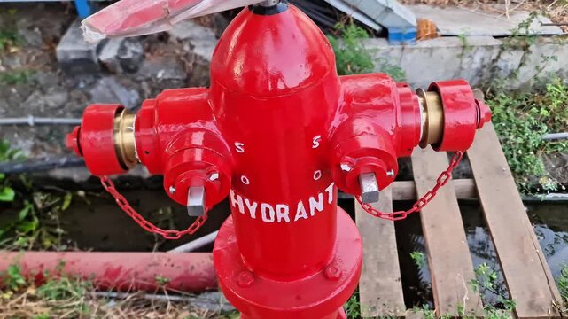 Bright Red Two-Way Fire Hydrant Pillar Outdoors for Emergency Water Supply and Fire Safety