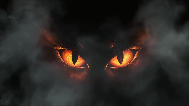 Glowing fiery cat eyes peering through dark swirling smoke in a mysterious digital motion background clip