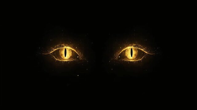 Glowing golden animal eyes staring intensely out from deep darkness in spooky animated video clip background