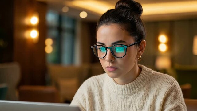 A woman wearing glasses looks at a laptop in a dim room.