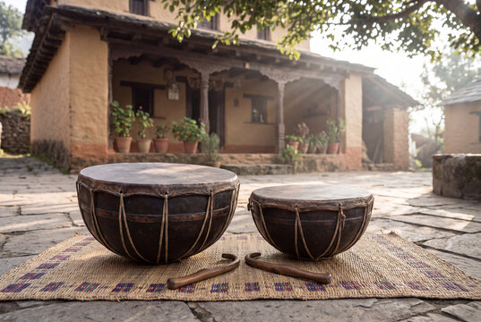 Pair of Nagara Kettledrums With Sticks in Village Courtyard