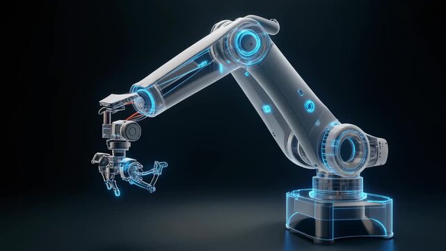 Futuristic transparent industrial robotic arm with precision gripper