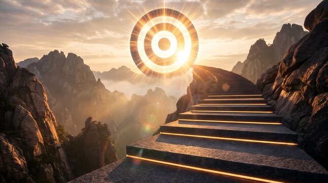 Glowing mountain staircase leading to massive sky target representing visionary leadership journey and ambitious business goal achievement