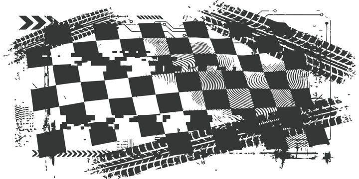 Checkered racing flag pattern with black tire tracks and grunge texture elements for fast speed car design