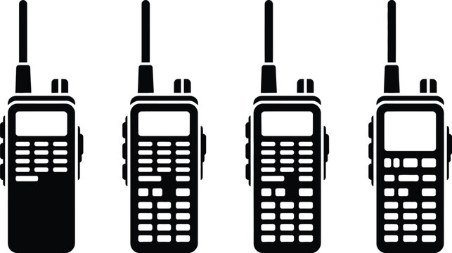 Walkie talkie radio, communication icon set, two way wireless radio transceiver emergency contact symbols for security teams outdoor communication and professional coordination.