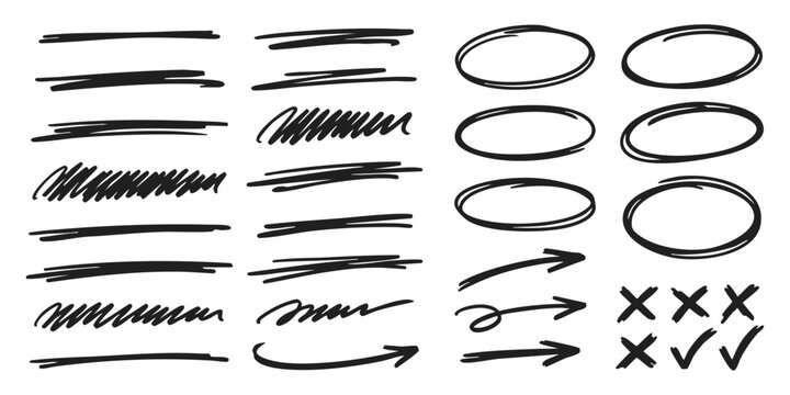 Set of black hand drawn marker scribbles lines circles arrows and check marks for design highlighting elements