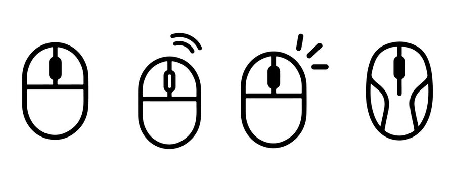 Computer mouse icons collection featuring scroll wheels and wireless symbols for hardware.
