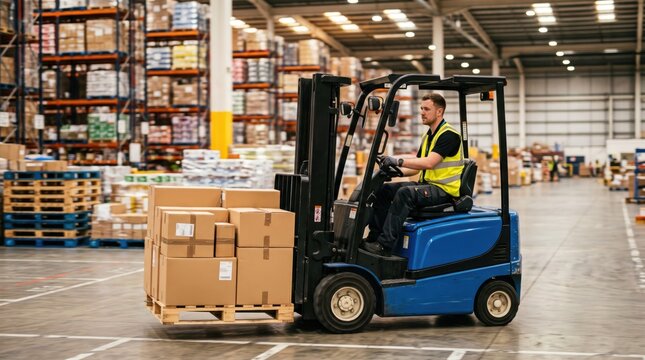 Forklift operator driving blue forklift with pallet of boxes in warehouse. Industrial logistics and material handling.