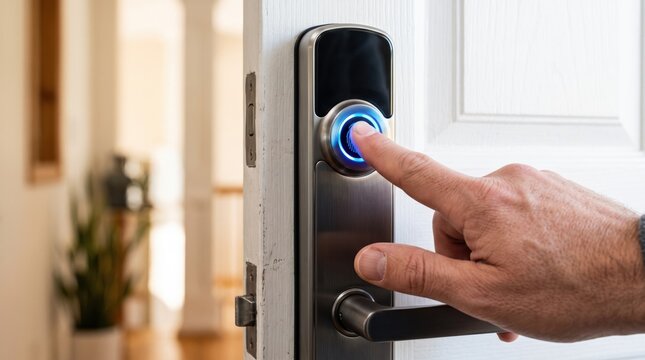 Finger touching fingerprint scanner on smart door lock. Biometric home security and access concept.
