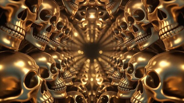 Golden human skulls tunnel creating endless looping motion background video animation with dark glowing highlights