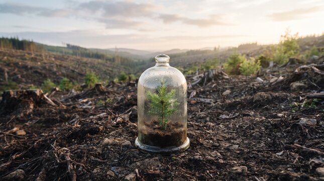 Hopeful seedling protected in glass dome amidst deforested landscape symbolizing environmental conservation and rebirth