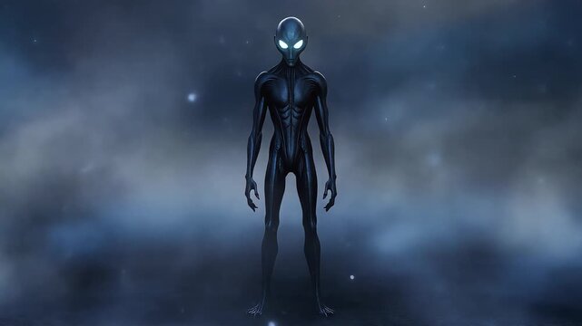 Mysterious extraterrestrial humanoid standing in foggy cosmic background video motion footage clip