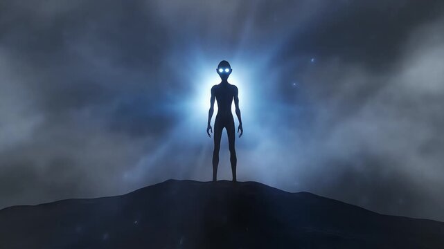 Extraterrestrial humanoid silhouette standing on dark mountain ridge with glowing blue eyes in mysterious space video footage
